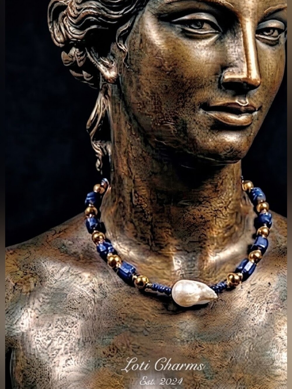 Chunky Lapis Lazuli And Large Center Pearl Choker Necklace Gold Plated